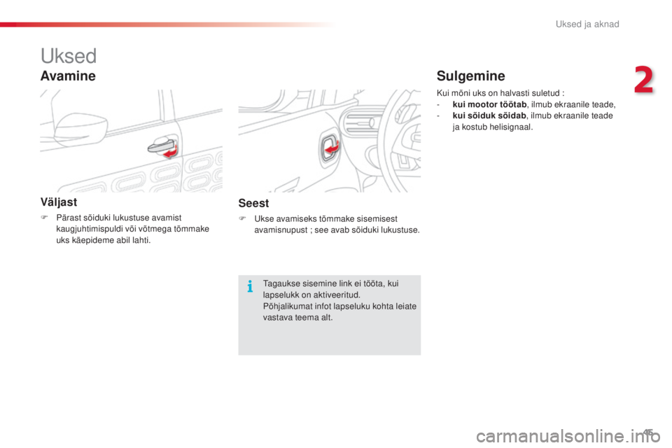 CITROEN C4 CACTUS 2018  Kasutusjuhend (in Estonian) 45
C4-cactus_et_Chap02_ouvertures_ed01-2016
Uksed
Väljast
F Pärast sõiduki lukustuse avamist 
kaugjuhtimispuldi või võtmega tõmmake 
uks käepideme abil lahti.
Avamine
Seest
F Ukse avamiseks tõ