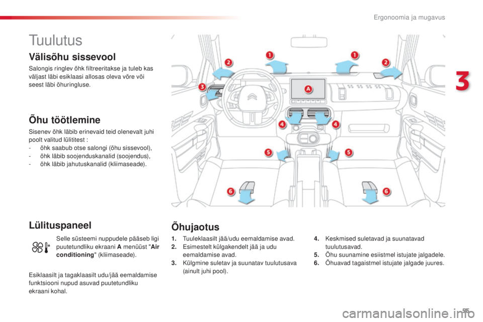 CITROEN C4 CACTUS 2018 Kasutusjuhend (in Estonian) 55
C4-cactus_et_Chap03_Ergonomie-et-confort_ed01-2016
tuulutus
Välisõhu sissevool
Salongis ringlev õhk filtreeritakse ja tuleb kas
väljast läbi esiklaasi allosas oleva võre või
seest läbi õ CITROEN C4 CACTUS 2018 Kasutusjuhend (in Estonian) 55
C4-cactus_et_Chap03_Ergonomie-et-confort_ed01-2016
tuulutus
Välisõhu sissevool
Salongis ringlev õhk filtreeritakse ja tuleb kas
väljast läbi esiklaasi allosas oleva võre või
seest läbi õ