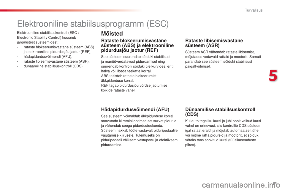 CITROEN C4 CACTUS 2018  Kasutusjuhend (in Estonian) 91
C4-cactus_et_Chap05_securite_ed01-2016
Elektrooniline stabiilsuskontroll (ESC : 
E lectronic Stability Control) koosneb 
järgmistest süsteemidest :
-
 rat

aste blokeerumisvastane süsteem (ABS) 