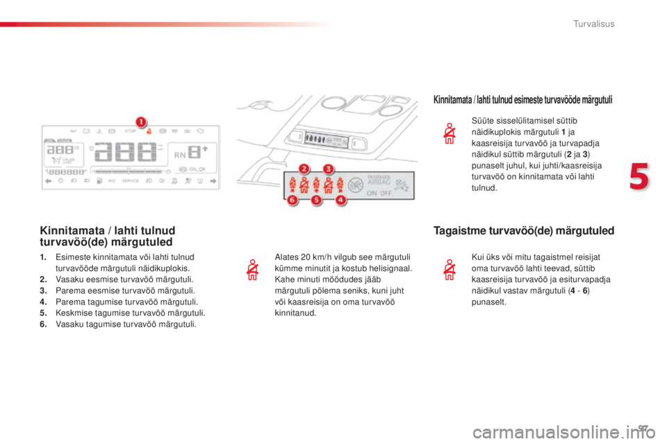 CITROEN C4 CACTUS 2018  Kasutusjuhend (in Estonian) 97
C4-cactus_et_Chap05_securite_ed01-2016
Alates 20 km/h vilgub see märgutuli 
kümm e minutit ja kostub helisignaal. 
Kahe minuti möödudes jääb 
märgutuli põlema seniks, kuni juht 
või kaasre