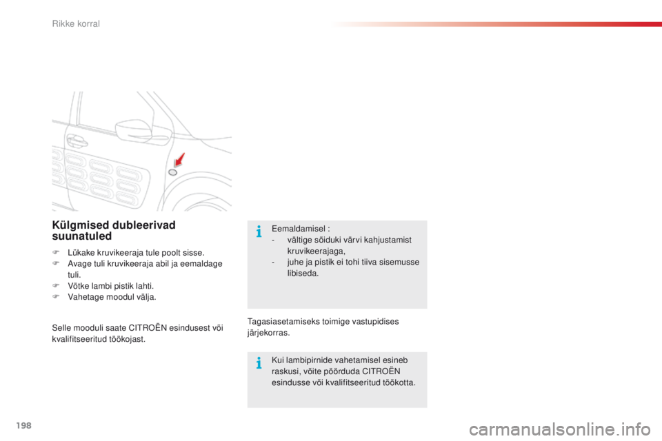 CITROEN C4 CACTUS 2016 Kasutusjuhend (in Estonian) 198
C4-cactus_et_Chap08_En-cas-de-panne_ed01-2015
Külgmised dubleerivad
suunatuled
F Lükake kruvikeeraja tule poolt sisse.
F A vage tuli kruvikeeraja abil ja eemaldage
tuli.
F
V
õtke lambi pis CITROEN C4 CACTUS 2016 Kasutusjuhend (in Estonian) 198
C4-cactus_et_Chap08_En-cas-de-panne_ed01-2015
Külgmised dubleerivad
suunatuled
F Lükake kruvikeeraja tule poolt sisse.
F A vage tuli kruvikeeraja abil ja eemaldage
tuli.
F
V
õtke lambi pis