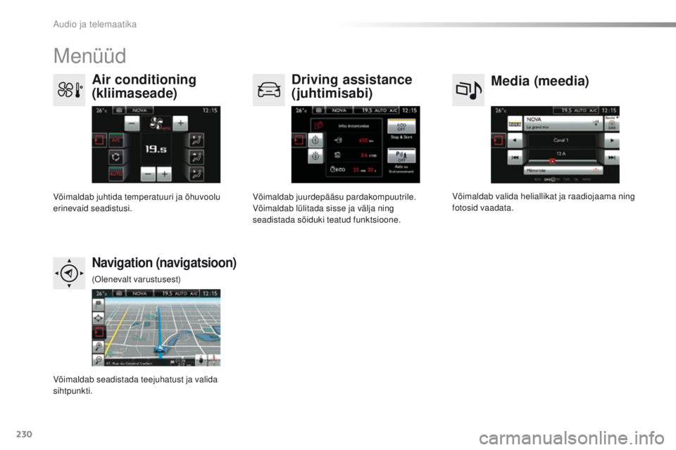 CITROEN C4 CACTUS 2016 Kasutusjuhend (in Estonian) 230
C4-cactus_et_Chap10b_SMEGplus_ed01-2015
Menüüd
Media (meedia)
Air conditioning
(kliimaseade) Driving assistance
(juhtimisabi)
Navigation (navigatsioon)
Võimaldab valida heliallikat ja raadioj CITROEN C4 CACTUS 2016 Kasutusjuhend (in Estonian) 230
C4-cactus_et_Chap10b_SMEGplus_ed01-2015
Menüüd
Media (meedia)
Air conditioning
(kliimaseade) Driving assistance
(juhtimisabi)
Navigation (navigatsioon)
Võimaldab valida heliallikat ja raadioj