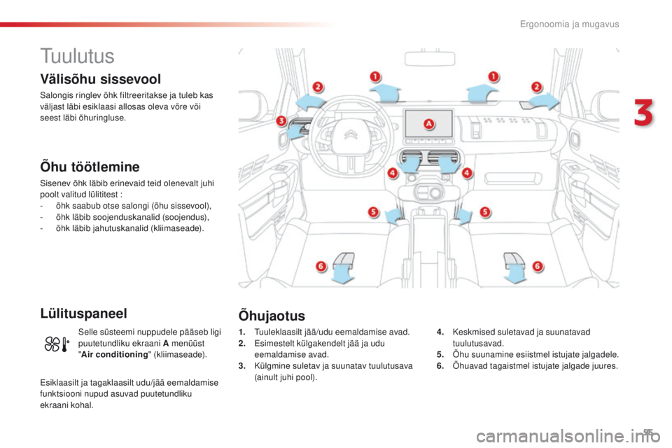 CITROEN C4 CACTUS 2016 Kasutusjuhend (in Estonian) 55
C4-cactus_et_Chap03_Ergonomie-et-confort_ed01-2015
tuulutus
Välisõhu sissevool
Salongis ringlev õhk filtreeritakse ja tuleb kas
väljast läbi esiklaasi allosas oleva võre või
seest läbi õ CITROEN C4 CACTUS 2016 Kasutusjuhend (in Estonian) 55
C4-cactus_et_Chap03_Ergonomie-et-confort_ed01-2015
tuulutus
Välisõhu sissevool
Salongis ringlev õhk filtreeritakse ja tuleb kas
väljast läbi esiklaasi allosas oleva võre või
seest läbi õ