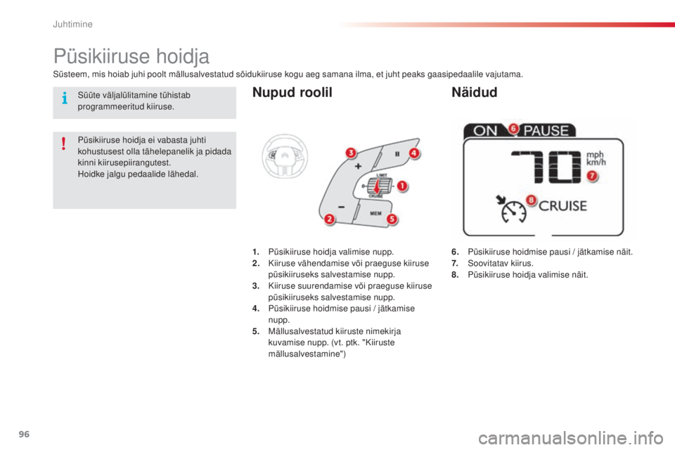 CITROEN C4 CACTUS 2015  Kasutusjuhend (in Estonian) 96
C4-cactus_et_Chap05_conduite_ed02-2014
Nupud roolil
6. Püsikiiruse hoidmise pausi / jätkamise näit.
7. so ovitatav kiirus.
8.
 P

üsikiiruse hoidja valimise näit.
Püsikiiruse hoidja
süsteem,