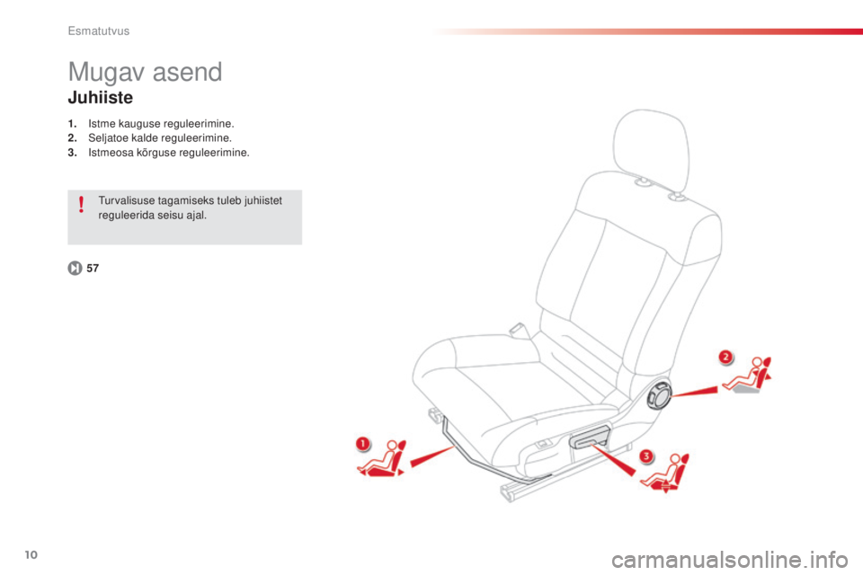 CITROEN C4 CACTUS 2014 Kasutusjuhend (in Estonian) 10
E3_et_Chap00b_prise-en-main_ed01-2014
Mugav asend
Juhiiste
1. Istme kauguse reguleerimine.
2. Seljatoe kalde reguleerimine.
3.
I
stmeosa kõrguse reguleerimine.
57 Turvalisuse tagamiseks tuleb ju CITROEN C4 CACTUS 2014 Kasutusjuhend (in Estonian) 10
E3_et_Chap00b_prise-en-main_ed01-2014
Mugav asend
Juhiiste
1. Istme kauguse reguleerimine.
2. Seljatoe kalde reguleerimine.
3.
I
stmeosa kõrguse reguleerimine.
57 Turvalisuse tagamiseks tuleb ju