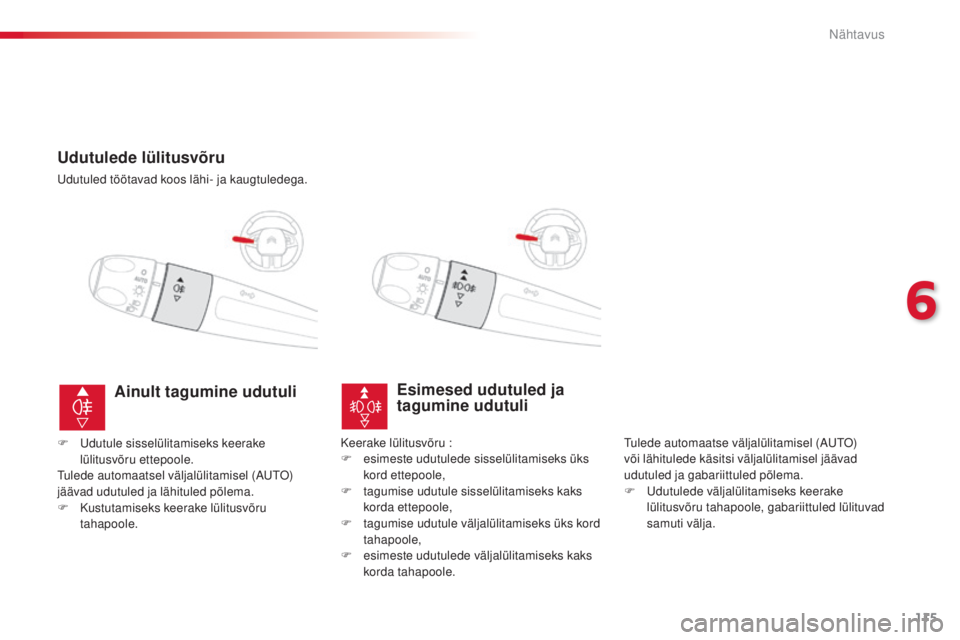 CITROEN C4 CACTUS 2014 Kasutusjuhend (in Estonian) 115
E3_et_Chap06_visibilite_ed01-2014
Udutulede lülitusvõru
Udutuled töötavad koos lähi- ja kaugtuledega.
Esimesed udutuled ja
tagumine udutuli
Tulede automaatse väljalülitamisel (AUTO)
või CITROEN C4 CACTUS 2014 Kasutusjuhend (in Estonian) 115
E3_et_Chap06_visibilite_ed01-2014
Udutulede lülitusvõru
Udutuled töötavad koos lähi- ja kaugtuledega.
Esimesed udutuled ja
tagumine udutuli
Tulede automaatse väljalülitamisel (AUTO)
või