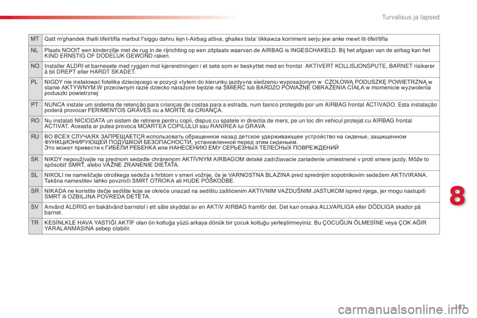CITROEN C4 CACTUS 2014 Kasutusjuhend (in Estonian) 151
MTQatt m’ghandek thalli tifel/tifla marbut f’siggu dahru lejn l-Airbag attiva, ghaliex tista’ tikkawza korriment serju jew anke mewt lit-tifel/tifla
NL Pl CITROEN C4 CACTUS 2014 Kasutusjuhend (in Estonian) 151
MTQatt m’ghandek thalli tifel/tifla marbut f’siggu dahru lejn l-Airbag attiva, ghaliex tista’ tikkawza korriment serju jew anke mewt lit-tifel/tifla
NL Pl