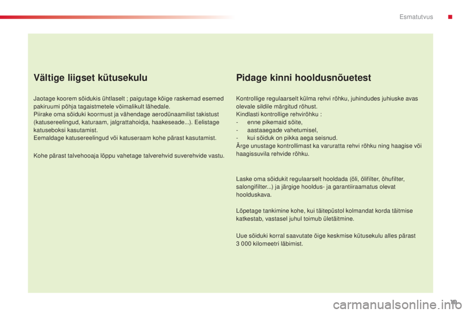 CITROEN C4 CACTUS 2014 Kasutusjuhend (in Estonian) 19
E3_et_Chap00b_prise-en-main_ed01-2014
Vältige liigset kütusekulu
Jaotage koorem sõidukis ühtlaselt ; paigutage kõige raskemad esemed
pakiruumi põhja tagaistmetele võimalikult lähedale.
Pii CITROEN C4 CACTUS 2014 Kasutusjuhend (in Estonian) 19
E3_et_Chap00b_prise-en-main_ed01-2014
Vältige liigset kütusekulu
Jaotage koorem sõidukis ühtlaselt ; paigutage kõige raskemad esemed
pakiruumi põhja tagaistmetele võimalikult lähedale.
Pii