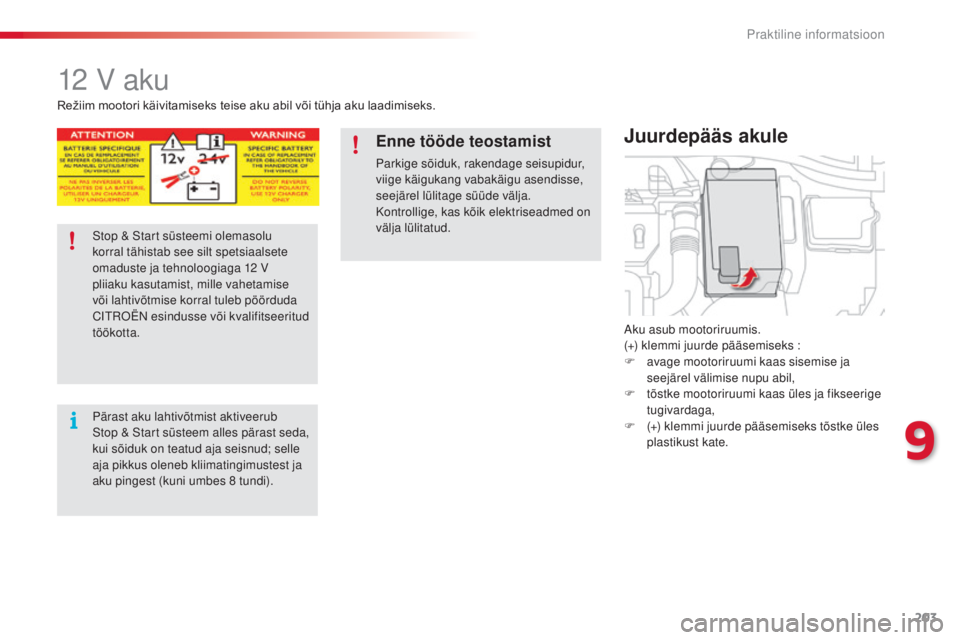 CITROEN C4 CACTUS 2014 Kasutusjuhend (in Estonian) 203
E3_et_Chap09_info_pratiques_ed01-2014
12 V aku
Aku asub mootoriruumis.
(+) klemmi juurde pääsemiseks :
F
a
vage mootoriruumi kaas sisemise ja
seejärel välimise nupu abil,
F
t
õstke moo CITROEN C4 CACTUS 2014 Kasutusjuhend (in Estonian) 203
E3_et_Chap09_info_pratiques_ed01-2014
12 V aku
Aku asub mootoriruumis.
(+) klemmi juurde pääsemiseks :
F
a
vage mootoriruumi kaas sisemise ja
seejärel välimise nupu abil,
F
t
õstke moo