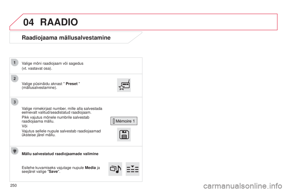 CITROEN C4 CACTUS 2014 Kasutusjuhend (in Estonian) 04
E3_et_Chap12b_SMEGplus_ed01-2014
Raadiojaama mällusalvestamine
Valige püsinäidu aknast " Preset "
(mällusalvestamine). Valige mõni raadiojaam või sagedus
(vt. vastavat osa).
Valige n CITROEN C4 CACTUS 2014 Kasutusjuhend (in Estonian) 04
E3_et_Chap12b_SMEGplus_ed01-2014
Raadiojaama mällusalvestamine
Valige püsinäidu aknast " Preset "
(mällusalvestamine). Valige mõni raadiojaam või sagedus
(vt. vastavat osa).
Valige n
