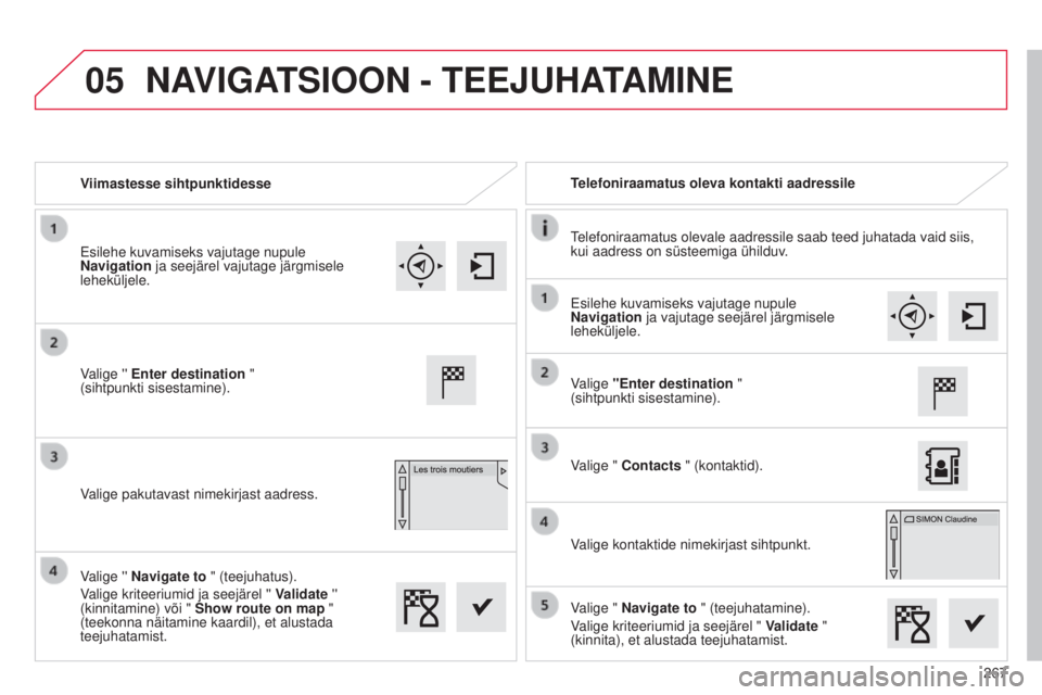CITROEN C4 CACTUS 2014 Kasutusjuhend (in Estonian) 05
267
E3_et_Chap12b_SMEGplus_ed01-2014
Viimastesse sihtpunktidesseTelefoniraamatus oleva kontakti aadressile
Telefoniraamatus olevale aadressile saab teed juhatada vaid siis,
kui aadress on süsteem CITROEN C4 CACTUS 2014 Kasutusjuhend (in Estonian) 05
267
E3_et_Chap12b_SMEGplus_ed01-2014
Viimastesse sihtpunktidesseTelefoniraamatus oleva kontakti aadressile
Telefoniraamatus olevale aadressile saab teed juhatada vaid siis,
kui aadress on süsteem