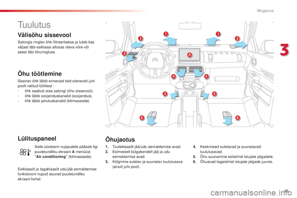 CITROEN C4 CACTUS 2014 Kasutusjuhend (in Estonian) 65
E3_et_Chap03_confort_ed01-2014
Tuulutus
Välisõhu sissevool
Salongis ringlev õhk filtreeritakse ja tuleb kas
väljast läbi esiklaasi allosas oleva võre või
seest läbi õhuringluse.
Õhu tö CITROEN C4 CACTUS 2014 Kasutusjuhend (in Estonian) 65
E3_et_Chap03_confort_ed01-2014
Tuulutus
Välisõhu sissevool
Salongis ringlev õhk filtreeritakse ja tuleb kas
väljast läbi esiklaasi allosas oleva võre või
seest läbi õhuringluse.
Õhu tö