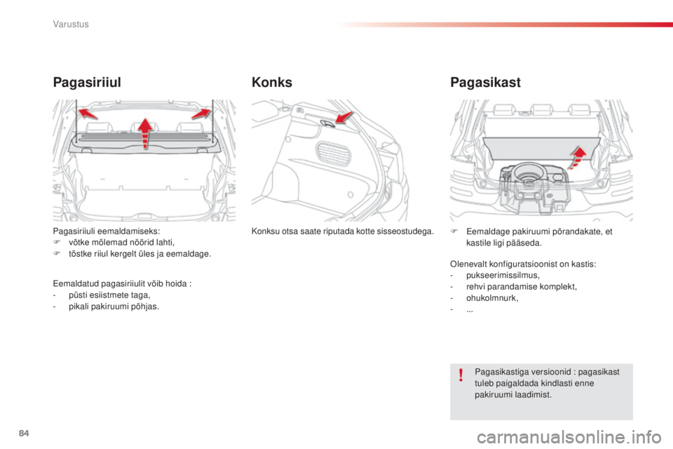 CITROEN C4 CACTUS 2014  Kasutusjuhend (in Estonian) 84
Pagasiriiuli eemaldamiseks:
F v õtke mõlemad nöörid lahti,
F
 
t
 õstke riiul kergelt üles ja eemaldage.
Pagasiriiul
Eemaldatud pagasiriiulit võib hoida :
- p üsti esiistmete taga,
-
 p

ik