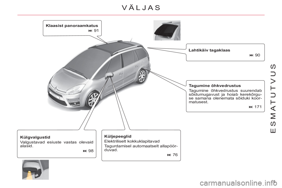 CITROEN C4 PICASSO 2013  Kasutusjuhend (in Estonian) 5 
ESMATUTVUS
   
Klaasist panoraamkatus 
 
   
 
� 
 91  
   
Lahtikäiv tagaklaas 
 
   
 
� 
 90  
   
Tagumine õhkvedrustus 
 
  Tagumine õhkvedrustus suurendab 
sõidumugavust ja hoiab kerek�