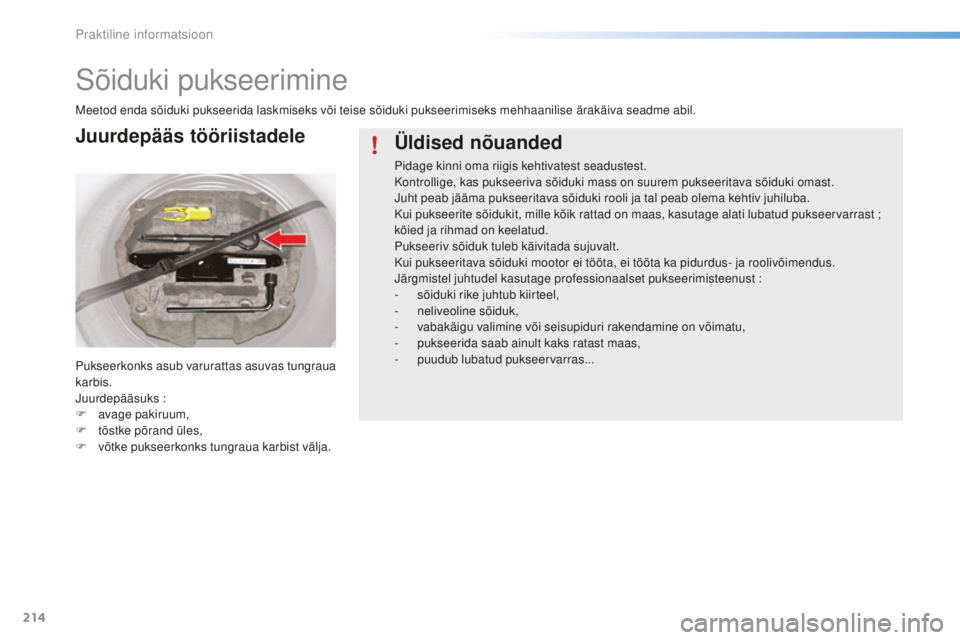 CITROEN C5 2016 Kasutusjuhend (in Estonian) 214
C5_et_Chap08_information_ed01-2015
sõiduki pukseerimine
meetod enda sõiduki pukseerida laskmiseks või teise sõiduki pukseerimiseks mehhaanilise ärakäiva seadme abil.
Pukseerkonks asub varura CITROEN C5 2016 Kasutusjuhend (in Estonian) 214
C5_et_Chap08_information_ed01-2015
sõiduki pukseerimine
meetod enda sõiduki pukseerida laskmiseks või teise sõiduki pukseerimiseks mehhaanilise ärakäiva seadme abil.
Pukseerkonks asub varura