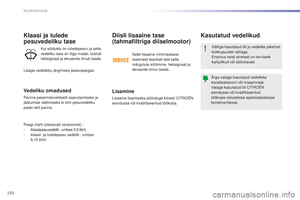 CITROEN C5 2016 Kasutusjuhend (in Estonian) 230
C5_et_Chap09_verification_ed01-2015
Diisli lisaaine tase
(tahmafiltriga diiselmootor)
Lisamine
Lisaaine lisamiseks pöörduge kiiresti CitrO ËN
esindusse või kvalifitseeritud töökotta.
Kasut CITROEN C5 2016 Kasutusjuhend (in Estonian) 230
C5_et_Chap09_verification_ed01-2015
Diisli lisaaine tase
(tahmafiltriga diiselmootor)
Lisamine
Lisaaine lisamiseks pöörduge kiiresti CitrO ËN
esindusse või kvalifitseeritud töökotta.
Kasut