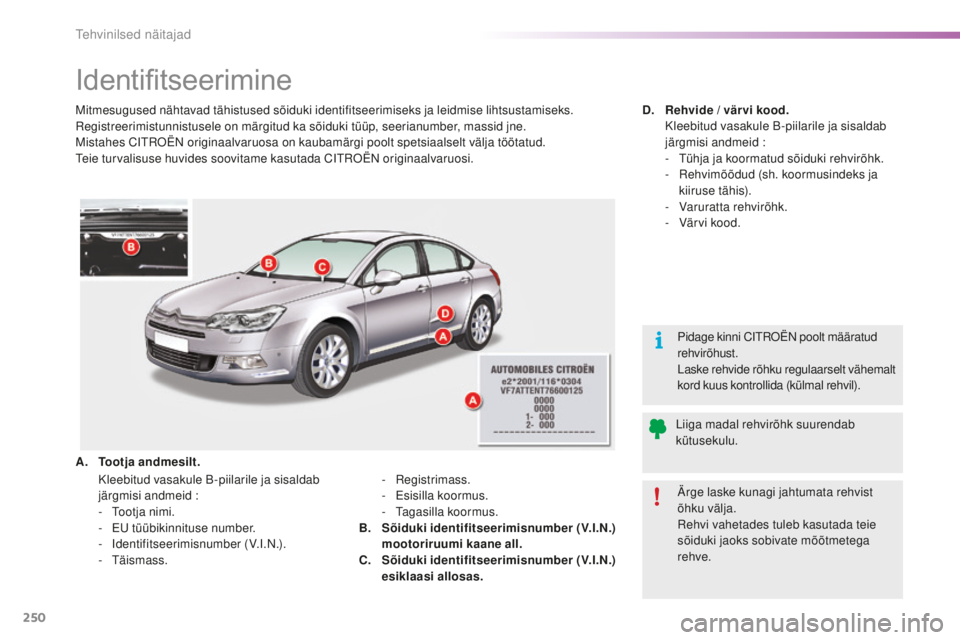 CITROEN C5 2016 Kasutusjuhend (in Estonian) 250
C5_et_Chap10_caracteristique_ed01-2015
Identifitseerimine
mitmesugused nähtavad tähistused sõiduki identifitseerimiseks ja leidmise lihtsustamiseks.registreerimistunnistusele on märgitud ka sà CITROEN C5 2016 Kasutusjuhend (in Estonian) 250
C5_et_Chap10_caracteristique_ed01-2015
Identifitseerimine
mitmesugused nähtavad tähistused sõiduki identifitseerimiseks ja leidmise lihtsustamiseks.registreerimistunnistusele on märgitud ka sÃ
