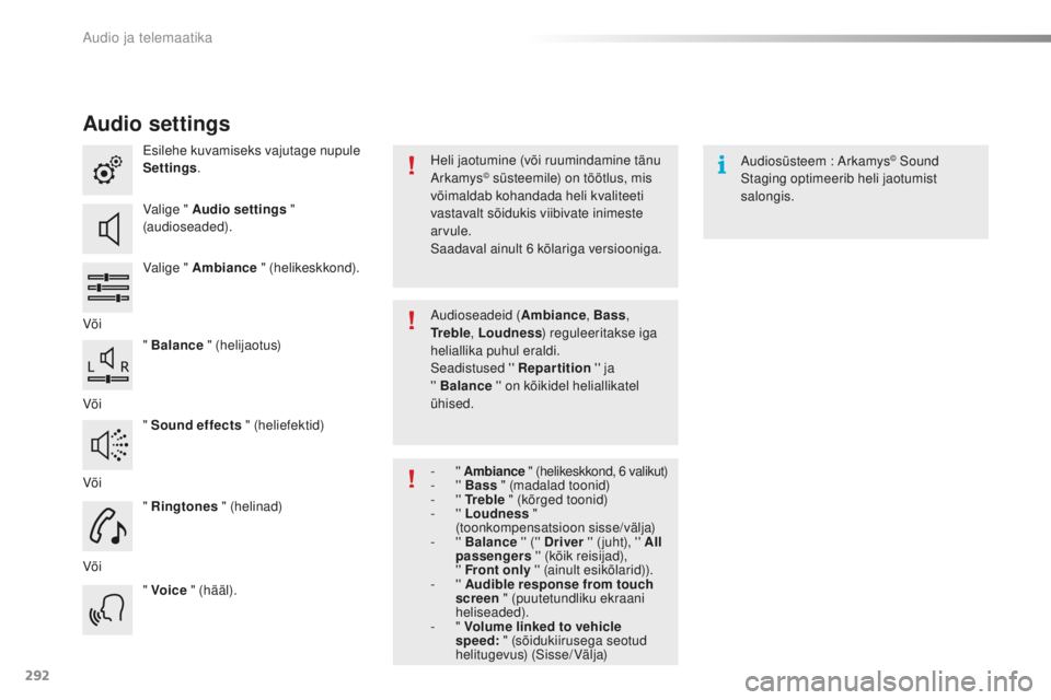 CITROEN C5 2016 Kasutusjuhend (in Estonian) 292
C5_et_Chap11b_smEGplus_ed01-2015
Audio settings
Esilehe kuvamiseks vajutage nupule
Settings.
Valige " Audio settings "
(audioseaded).
Valige " Ambiance " (helikeskkond).
Või & CITROEN C5 2016 Kasutusjuhend (in Estonian) 292
C5_et_Chap11b_smEGplus_ed01-2015
Audio settings
Esilehe kuvamiseks vajutage nupule
Settings.
Valige " Audio settings "
(audioseaded).
Valige " Ambiance " (helikeskkond).
Või &