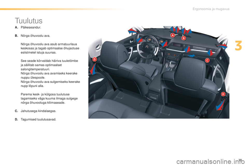 CITROEN C5 2016  Kasutusjuhend (in Estonian) 73
C5_et_Chap03_ergo-et-confort_ed01-2015
tuulutus
A. Päikeseandur.
B.
 N
 õrga õhuvoolu ava.
 N

õrga õhuvoolu ava asub armatuurlaua 
keskosas ja tagab optimaalse õhujaotuse 
esiistmetel istuja