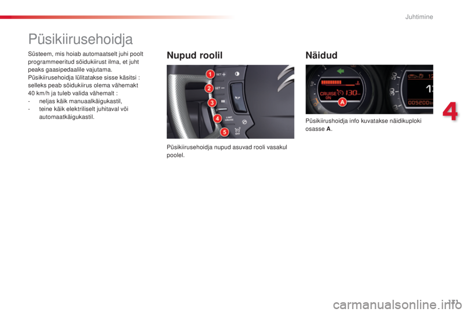 CITROEN C5 2015  Kasutusjuhend (in Estonian) 131
C5_et_Chap04_conduite_ed01-2014
Püsikiirusehoidja
Näidud
Püsikiirushoidja info kuvatakse näidikuploki 
osasse A.
Nupud roolil
Püsikiirusehoidja nupud asuvad rooli vasakul 
poolel.
sü

steem,