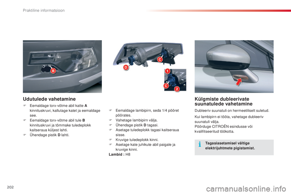 CITROEN C5 2015  Kasutusjuhend (in Estonian) 202
C5_et_Chap08_information_ed01-2014
Külgmiste dubleerivate 
suunatulede vahetamine
Dubleeriv suunatuli on hermeetiliselt suletud.
Kui lambipirn ei tööta, vahetage dubleeriv 
suunatuli välja.
P