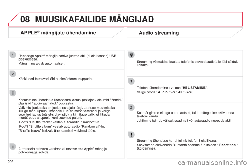 CITROEN C5 2015 Kasutusjuhend (in Estonian) 08
298
C5_et_Chap11b_rt6-2-8_ed01-2014
Audio streaming
streaming võimaldab kuulata telefonis olevaid audiofaile läbi sõ\
iduki
kõlarite.
telefoni ühendamine : vt. osa " HELIST
AMINE".
V CITROEN C5 2015 Kasutusjuhend (in Estonian) 08
298
C5_et_Chap11b_rt6-2-8_ed01-2014
Audio streaming
streaming võimaldab kuulata telefonis olevaid audiofaile läbi sõ\
iduki
kõlarite.
telefoni ühendamine : vt. osa " HELIST
AMINE".
V