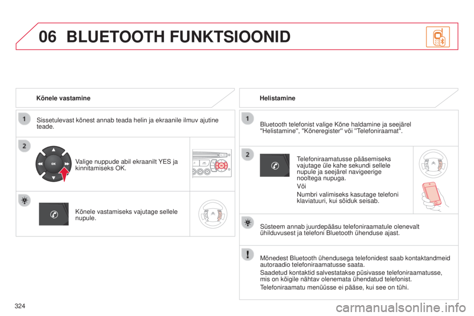 CITROEN C5 2015 Kasutusjuhend (in Estonian) 06
324
C5_et_Chap11c_rD45_ed01_2014
Kõnele vastamine
s
issetulevast kõnest annab teada helin ja ekraanile ilmuv ajutine
teade.
Valige nuppude abil ekraanilt YE
s ja
kinnitamiseks OK.
Kõnele vast CITROEN C5 2015 Kasutusjuhend (in Estonian) 06
324
C5_et_Chap11c_rD45_ed01_2014
Kõnele vastamine
s
issetulevast kõnest annab teada helin ja ekraanile ilmuv ajutine
teade.
Valige nuppude abil ekraanilt YE
s ja
kinnitamiseks OK.
Kõnele vast