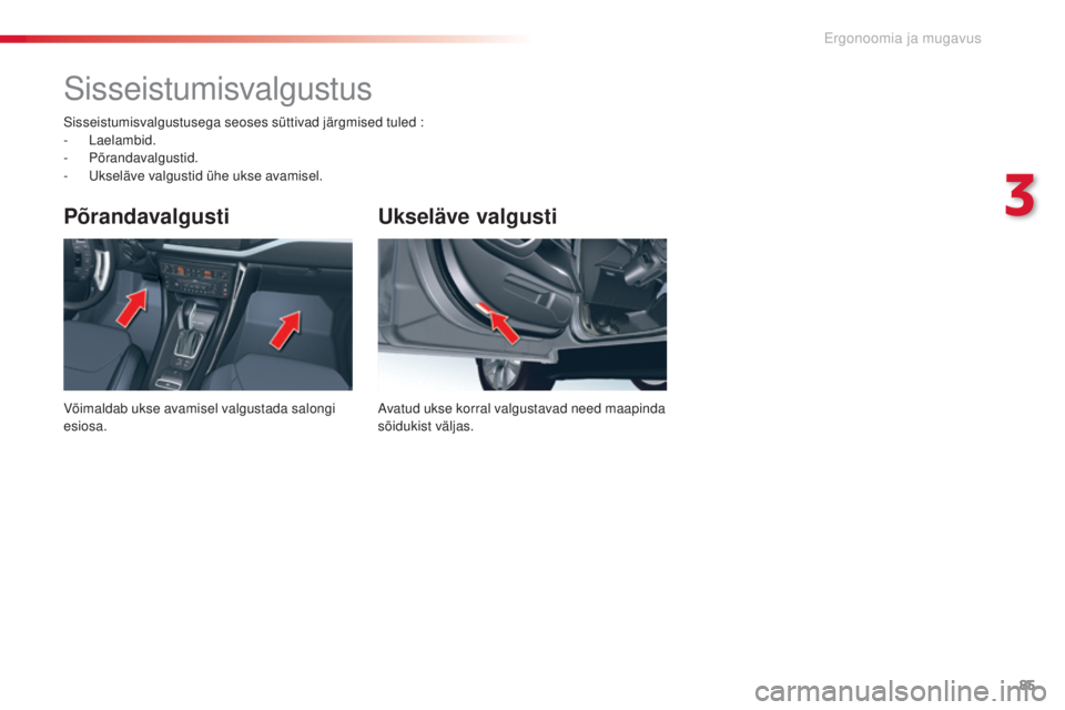 CITROEN C5 2015 Kasutusjuhend (in Estonian) 85
C5_et_Chap03_ergo-et-confort_ed01-2014
Ukseläve valgusti
avatud ukse korral valgustavad need maapinda
sõidukist väljas.
Põrandavalgusti
Võimaldab ukse avamisel valgustada salongi
esiosa.
sis CITROEN C5 2015 Kasutusjuhend (in Estonian) 85
C5_et_Chap03_ergo-et-confort_ed01-2014
Ukseläve valgusti
avatud ukse korral valgustavad need maapinda
sõidukist väljas.
Põrandavalgusti
Võimaldab ukse avamisel valgustada salongi
esiosa.
sis