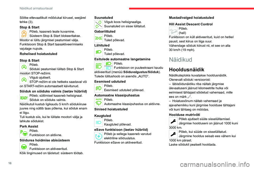 CITROEN C5 AIRCROSS 2022 Kasutusjuhend (in Estonian) 16
Näidikud armatuurlaual
Sõitke ettevaatlikult mõõdukal kiirusel, seejärel
tehke (3).
Stop & StartPõleb, kaasneb teate kuvamine.
Süsteem Stop & Start blokeeritakse.
Mootor ei lülitu järgmis CITROEN C5 AIRCROSS 2022 Kasutusjuhend (in Estonian) 16
Näidikud armatuurlaual
Sõitke ettevaatlikult mõõdukal kiirusel, seejärel
tehke (3).
Stop & StartPõleb, kaasneb teate kuvamine.
Süsteem Stop & Start blokeeritakse.
Mootor ei lülitu järgmis
