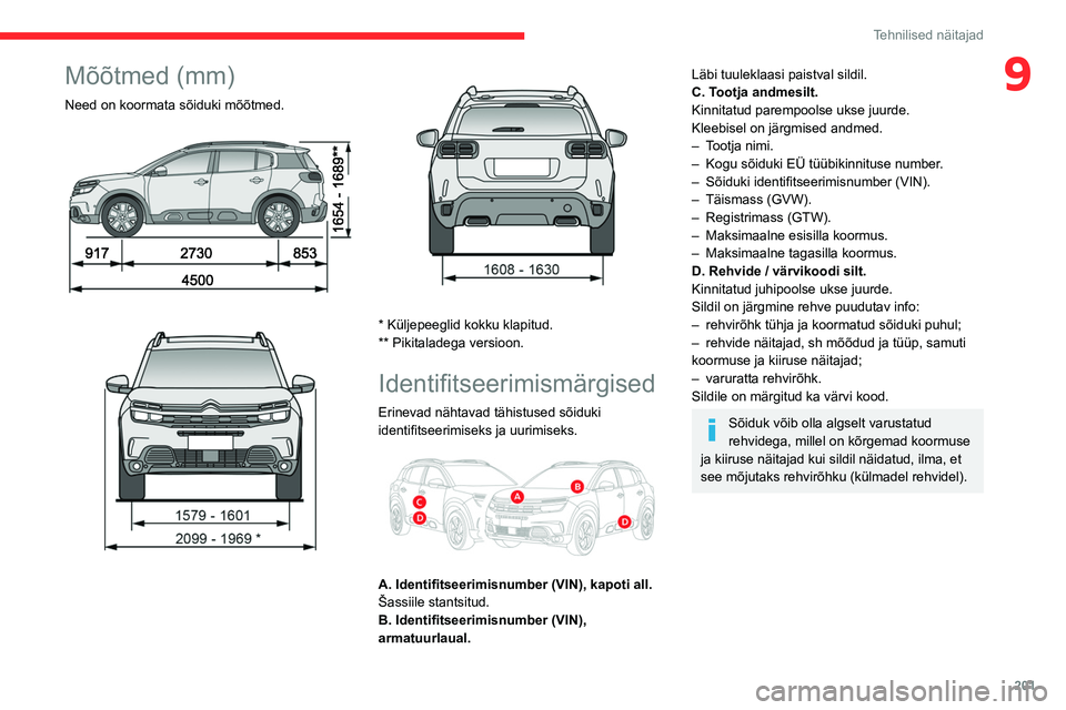 CITROEN C5 AIRCROSS 2022 Kasutusjuhend (in Estonian) 201
Tehnilised näitajad
9Mõõtmed (mm)
Need on koormata sõiduki mõõtmed.
* Küljepeeglid kokku klapitud.
** Pikitaladega versioon.
Identifitseerimismärgised
Erinevad nähtavad tähist CITROEN C5 AIRCROSS 2022 Kasutusjuhend (in Estonian) 201
Tehnilised näitajad
9Mõõtmed (mm)
Need on koormata sõiduki mõõtmed.
* Küljepeeglid kokku klapitud.
** Pikitaladega versioon.
Identifitseerimismärgised
Erinevad nähtavad tähist