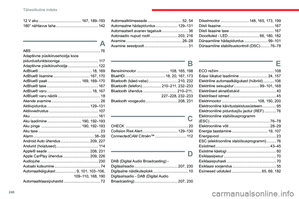 CITROEN C5 AIRCROSS 2022 Kasutusjuhend (in Estonian) 240
Tähestikuline indeks
12 V aku 167, 189–193
180° nähtavus taha
142
A
ABS 76
Adaptiivne püsikiirusehoidja koos
pidurdusfunktsiooniga
11 7
Adaptiivne püsikiirushoidja
122 CITROEN C5 AIRCROSS 2022 Kasutusjuhend (in Estonian) 240
Tähestikuline indeks
12 V aku 167, 189–193
180° nähtavus taha
142
A
ABS 76
Adaptiivne püsikiirusehoidja koos
pidurdusfunktsiooniga
11 7
Adaptiivne püsikiirushoidja
122