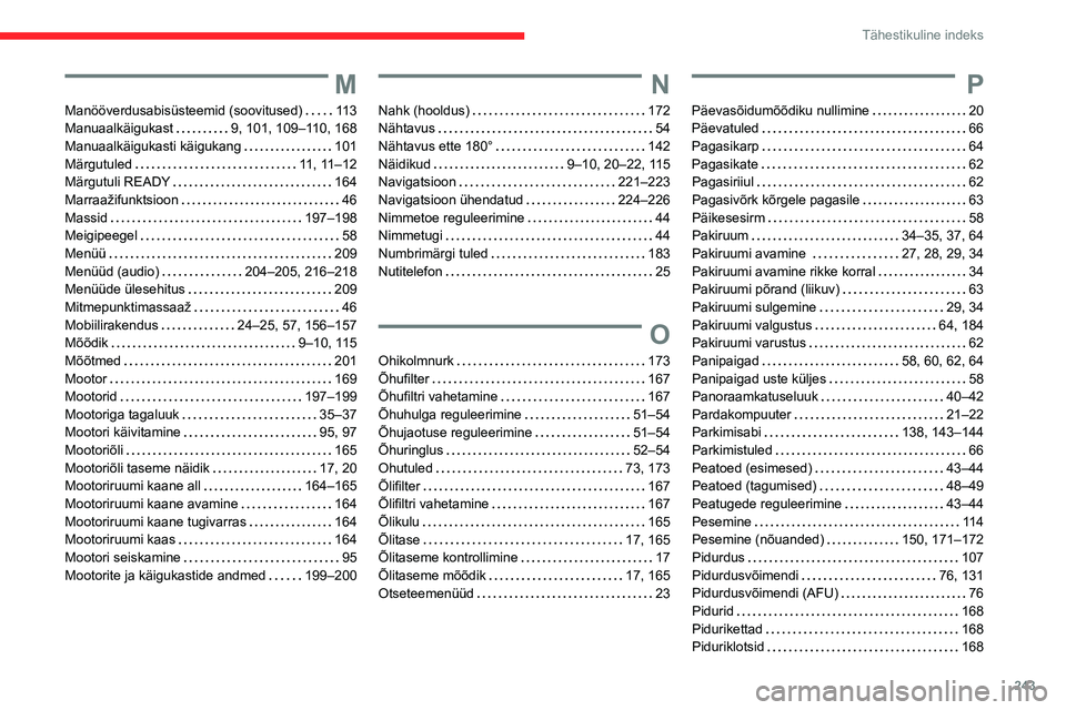 CITROEN C5 AIRCROSS 2022 Kasutusjuhend (in Estonian) 243
Tähestikuline indeks
M
Manööverdusabisüsteemid (soovitused) 11 3
Manuaalkäigukast
9, 101, 109–110, 168
Manuaalkäigukasti käigukang
101
Märgutuled
11, 11–12
Märgutul CITROEN C5 AIRCROSS 2022 Kasutusjuhend (in Estonian) 243
Tähestikuline indeks
M
Manööverdusabisüsteemid (soovitused) 11 3
Manuaalkäigukast
9, 101, 109–110, 168
Manuaalkäigukasti käigukang
101
Märgutuled
11, 11–12
Märgutul