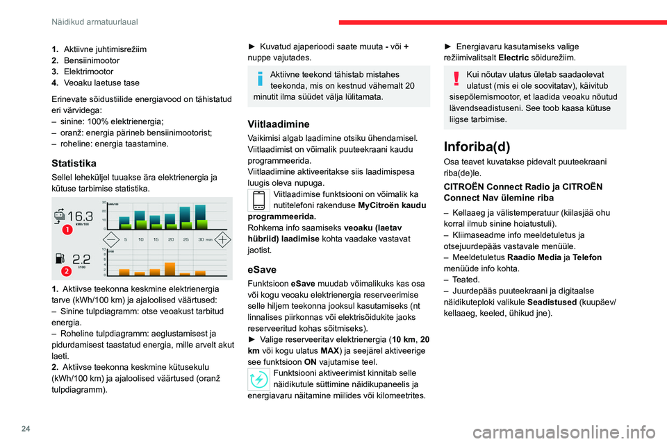 CITROEN C5 AIRCROSS 2022 Kasutusjuhend (in Estonian) 24
Näidikud armatuurlaual
1.Aktiivne juhtimisrežiim
2. Bensiinimootor
3. Elektrimootor
4. Veoaku laetuse tase
Erinevate sõidustiilide energiavood on tähistatud
eri värvidega:
–
sinine: 100% CITROEN C5 AIRCROSS 2022 Kasutusjuhend (in Estonian) 24
Näidikud armatuurlaual
1.Aktiivne juhtimisrežiim
2. Bensiinimootor
3. Elektrimootor
4. Veoaku laetuse tase
Erinevate sõidustiilide energiavood on tähistatud
eri värvidega:
–
sinine: 100%