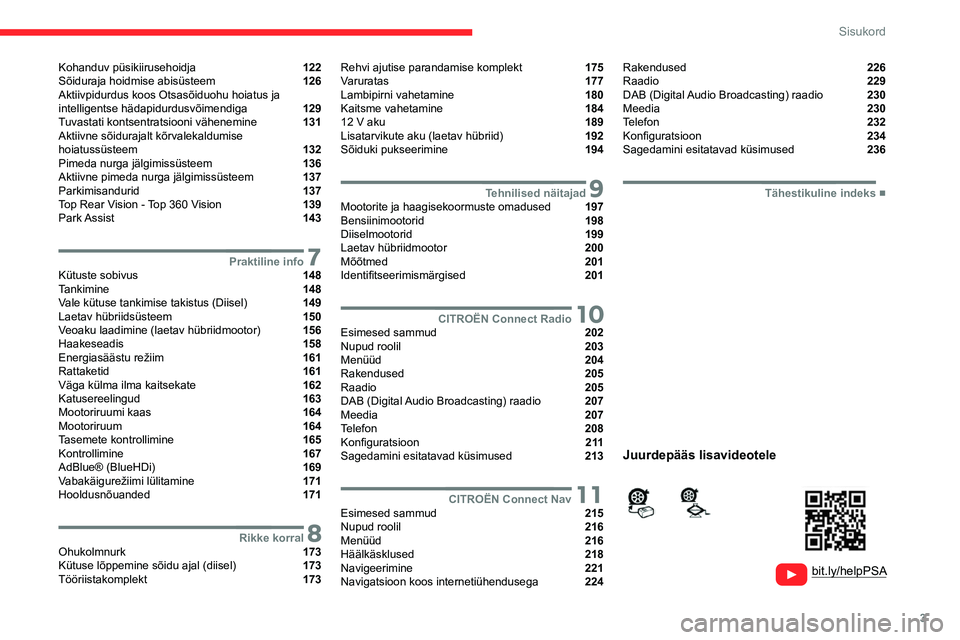 CITROEN C5 AIRCROSS 2022 Kasutusjuhend (in Estonian) 3
Sisukord
Kohanduv püsikiirusehoidja 122
Sõiduraja hoidmise abisüsteem 126
Aktiivpidurdus koos Otsasõiduohu hoiatus ja
intelligentse hädapidurdusvõimendiga
129
Tuvastati kont CITROEN C5 AIRCROSS 2022 Kasutusjuhend (in Estonian) 3
Sisukord
Kohanduv püsikiirusehoidja 122
Sõiduraja hoidmise abisüsteem 126
Aktiivpidurdus koos Otsasõiduohu hoiatus ja
intelligentse hädapidurdusvõimendiga
129
Tuvastati kont