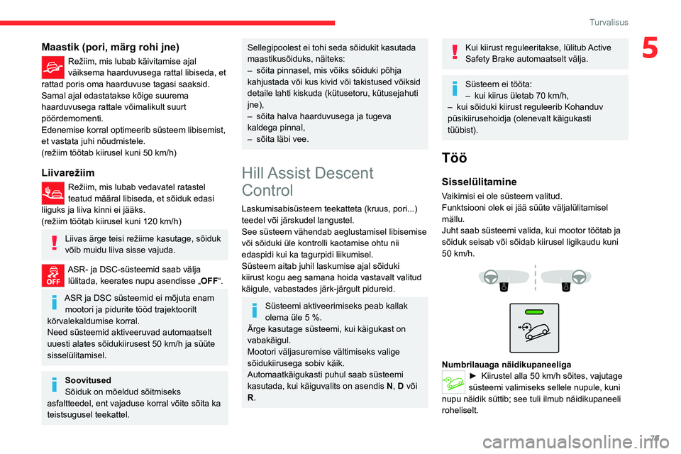 CITROEN C5 AIRCROSS 2022  Kasutusjuhend (in Estonian) 79
Turvalisus
5Maastik (pori, märg rohi jne)
Režiim, mis lubab käivitamise ajal 
väiksema haarduvusega rattal libiseda, et 
rattad poris oma haarduvuse tagasi saaksid. 
Samal ajal edastatakse kõi