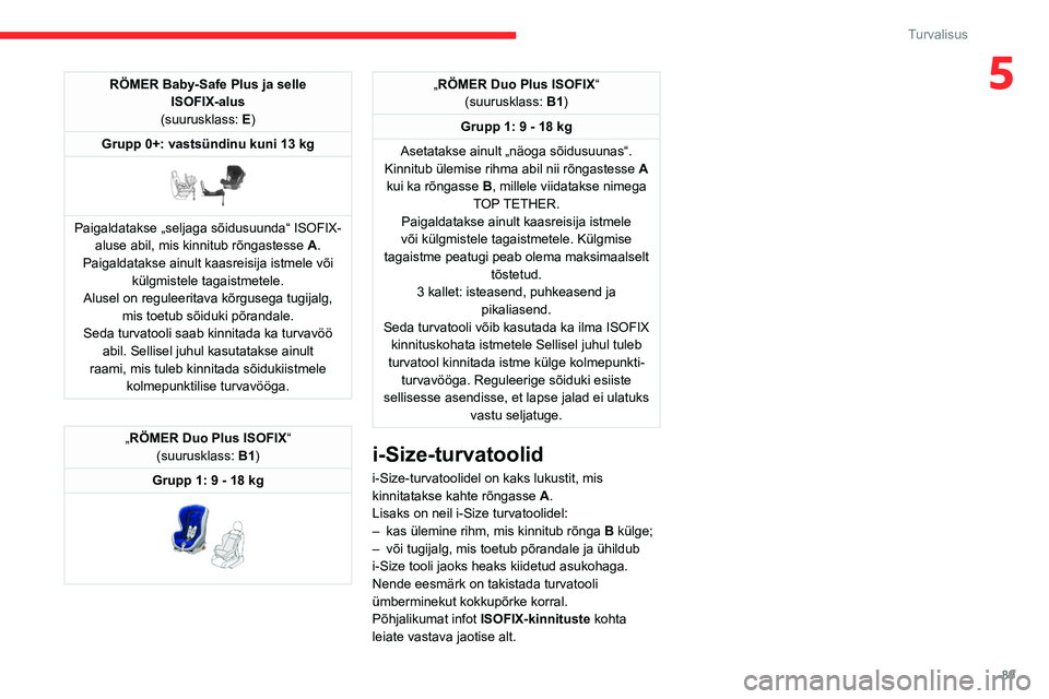 CITROEN C5 AIRCROSS 2022 Kasutusjuhend (in Estonian) 89
Turvalisus
5RÖMER Baby-Safe Plus ja selle ISOFIX-alus
(suurusklass: E)
Grupp 0+: vastsündinu kuni 13 kg
Paigaldatakse „seljaga sõidusuunda“ ISOFIX- aluse abil, mis kinnitub rõngastesse CITROEN C5 AIRCROSS 2022 Kasutusjuhend (in Estonian) 89
Turvalisus
5RÖMER Baby-Safe Plus ja selle ISOFIX-alus
(suurusklass: E)
Grupp 0+: vastsündinu kuni 13 kg
Paigaldatakse „seljaga sõidusuunda“ ISOFIX- aluse abil, mis kinnitub rõngastesse