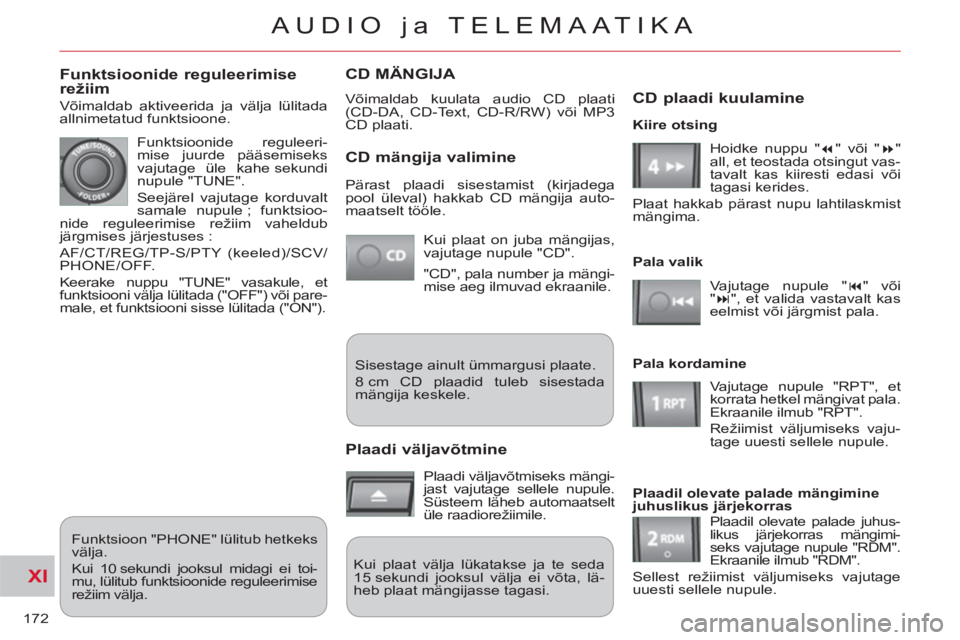 CITROEN C-CROSSER 2012  Kasutusjuhend (in Estonian) XI
172
AUDIO ja TELEMAATIKA
CD MÄNGIJA 
  Võimaldab kuulata audio CD plaati 
(CD-DA, CD-Text, CD-R/RW) või MP3 
CD plaati. 
CD mängija valimine
  Kui plaat on juba mängijas, 
vajutage nupule "CD"