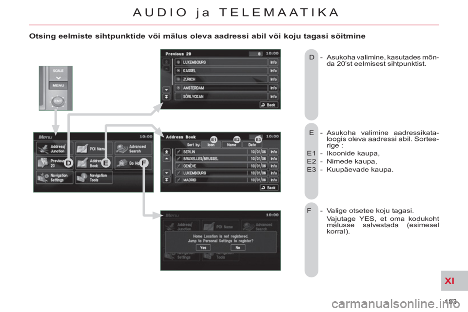 CITROEN C-CROSSER 2012 Kasutusjuhend (in Estonian) XI
183
AUDIO ja TELEMAATIKA
Otsing eelmiste sihtpunktide või mälus oleva aadressi abil või koju tagasi sõitmine
E - Asukoha valimine aadressikata-
loogis oleva aadressi abil. Sortee-
rige CITROEN C-CROSSER 2012 Kasutusjuhend (in Estonian) XI
183
AUDIO ja TELEMAATIKA
Otsing eelmiste sihtpunktide või mälus oleva aadressi abil või koju tagasi sõitmine
E - Asukoha valimine aadressikata-
loogis oleva aadressi abil. Sortee-
rige