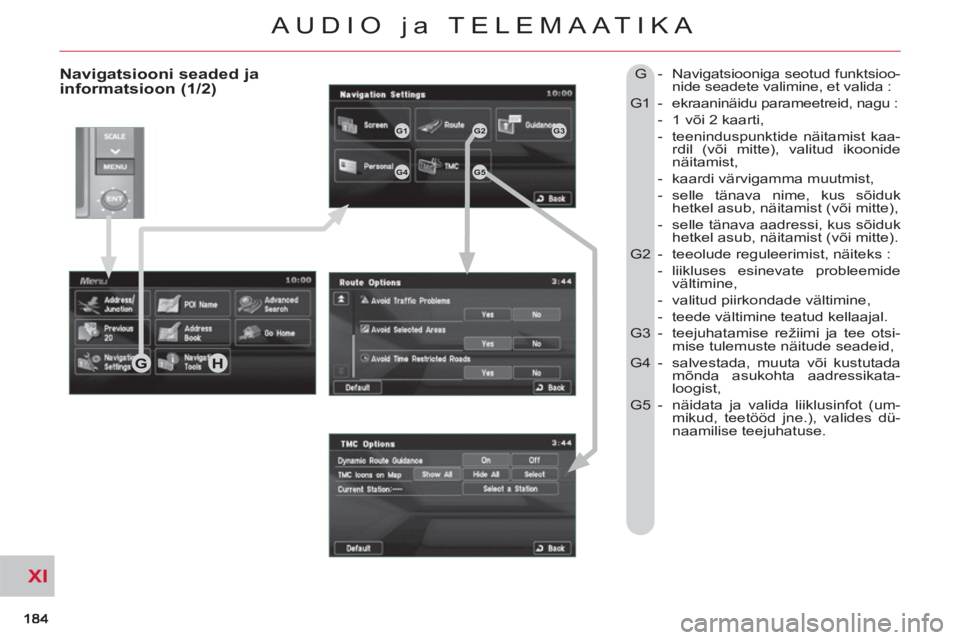 CITROEN C-CROSSER 2012 Kasutusjuhend (in Estonian) XI
AUDIO ja TELEMAATIKA
Navigatsiooni seaded jainformatsioon (1/2)
G - Navigatsiooniga seotud funktsioo-
nide seadete valimine, et valida :
G1 - ekraaninäidu parameetreid, nagu :
-1 v CITROEN C-CROSSER 2012 Kasutusjuhend (in Estonian) XI
AUDIO ja TELEMAATIKA
Navigatsiooni seaded jainformatsioon (1/2)
G - Navigatsiooniga seotud funktsioo-
nide seadete valimine, et valida :
G1 - ekraaninäidu parameetreid, nagu :
-1 v