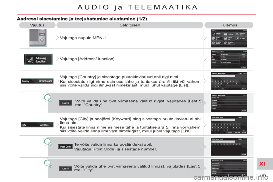 CITROEN C-CROSSER 2012  Kasutusjuhend (in Estonian) XI
187 
AUDIO ja TELEMAATIKA
  Vajutus 
  Selgitused   Tulemus 
  Vajutage nupule MENU. 
  Vajutage [Address/Junction]. 
  Vajutage [Country] ja sisestage puuteklaviatuuri abil riigi nimi. 
  Kui sise