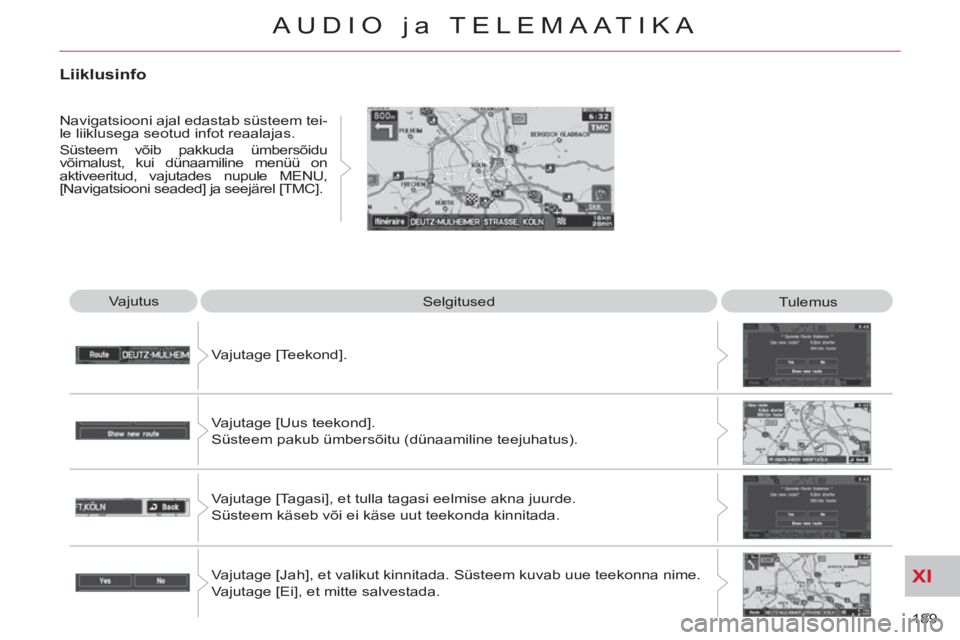 CITROEN C-CROSSER 2012  Kasutusjuhend (in Estonian) XI
189 
AUDIO ja TELEMAATIKA
  Vajutus 
  Selgitused 
  Tulemus 
  Vajutage [Teekond]. 
  Vajutage [Uus teekond].  
Süsteem pakub ümbersõitu (dünaamiline teejuhatus). 
  Vajutage [Tagasi], et tull