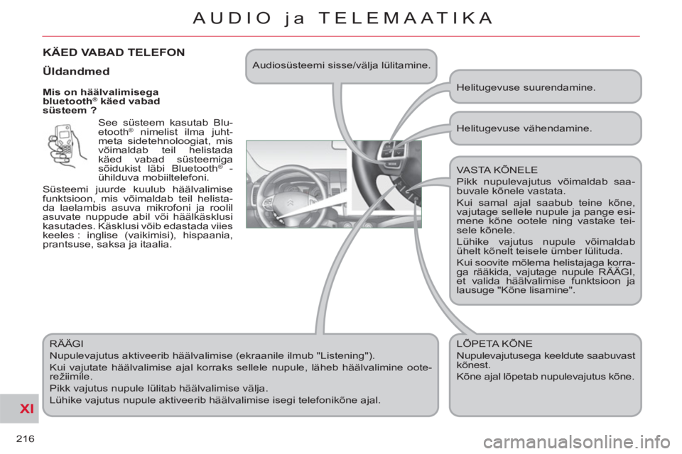 CITROEN C-CROSSER 2012 Kasutusjuhend (in Estonian) XI
216
AUDIO ja TELEMAATIKA
Mis on häälvalimisega
bluetooth® käed vabad
süsteem ?
See süsteem kasutab Blu-
etooth
® nimelist ilma juht-
meta sidetehnoloogiat, mis
võimaldab teil heli CITROEN C-CROSSER 2012 Kasutusjuhend (in Estonian) XI
216
AUDIO ja TELEMAATIKA
Mis on häälvalimisega
bluetooth® käed vabad
süsteem ?
See süsteem kasutab Blu-
etooth
® nimelist ilma juht-
meta sidetehnoloogiat, mis
võimaldab teil heli