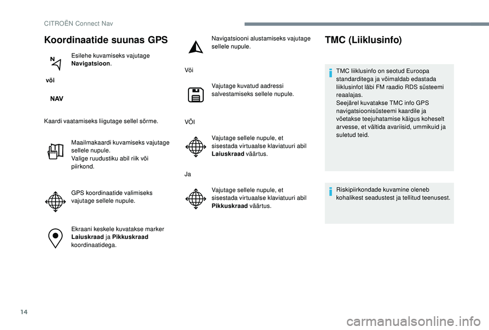 CITROEN C-ELYSÉE 2018 Kasutusjuhend (in Estonian) 14
Koordinaatide suunas GPS
või Esilehe kuvamiseks vajutage
Navigatsioon
.
Kaardi vaatamiseks liigutage sellel sõrme. Maailmakaardi kuvamiseks vajutage
sellele nupule.
Valige ruudustiku abil riik CITROEN C-ELYSÉE 2018 Kasutusjuhend (in Estonian) 14
Koordinaatide suunas GPS
või Esilehe kuvamiseks vajutage
Navigatsioon
.
Kaardi vaatamiseks liigutage sellel sõrme. Maailmakaardi kuvamiseks vajutage
sellele nupule.
Valige ruudustiku abil riik