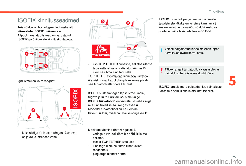 CITROEN C-ELYSÉE 2018 Kasutusjuhend (in Estonian) 75
ISOFIX kinnitusseadmed
Teie sõiduk on homologeeritud vastavalt
viimastele ISOFIX määrustele.
Allpool nimetatud istmed on varustatud
ISOFIXiga ühilduvate kinnituskohtadega:
-
üks TOP TETHER CITROEN C-ELYSÉE 2018 Kasutusjuhend (in Estonian) 75
ISOFIX kinnitusseadmed
Teie sõiduk on homologeeritud vastavalt
viimastele ISOFIX määrustele.
Allpool nimetatud istmed on varustatud
ISOFIXiga ühilduvate kinnituskohtadega:
-
üks TOP TETHER
