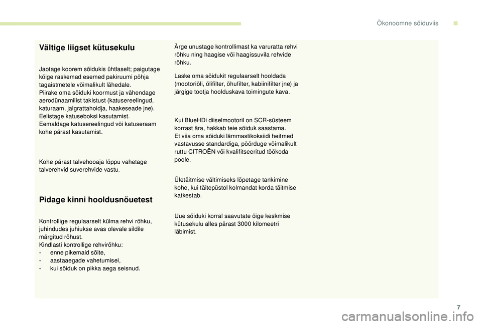 CITROEN C-ELYSÉE 2018  Kasutusjuhend (in Estonian) 7
Vältige liigset kütusekulu
Jaotage koorem sõidukis ühtlaselt; paigutage 
kõige raskemad esemed pakiruumi põhja 
tagaistmetele võimalikult lähedale.
Piirake oma sõiduki koormust ja vähendag