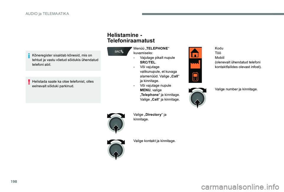 CITROEN C-ELYSÉE 2017 Kasutusjuhend (in Estonian) 198
Kõneregister sisaldab kõnesid, mis on
tehtud ja vastu võetud sõidukis ühendatud
telefoni abil.
Helistada saate ka otse telefonist, olles
eelnevalt sõiduki parkinud.
Helistamine -
Telefon CITROEN C-ELYSÉE 2017 Kasutusjuhend (in Estonian) 198
Kõneregister sisaldab kõnesid, mis on
tehtud ja vastu võetud sõidukis ühendatud
telefoni abil.
Helistada saate ka otse telefonist, olles
eelnevalt sõiduki parkinud.
Helistamine -
Telefon