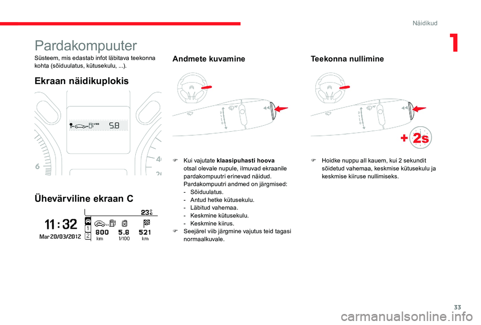 CITROEN C-ELYSÉE 2017 Kasutusjuhend (in Estonian) 33
Pardakompuuter
Süsteem, mis edastab infot läbitava teekonna
kohta (sõiduulatus, kütusekulu, ...).
Ekraan näidikuplokis
Ühevärviline ekraan C
Andmete kuvamine
F Kui vajutate klaasipuhasti ho CITROEN C-ELYSÉE 2017 Kasutusjuhend (in Estonian) 33
Pardakompuuter
Süsteem, mis edastab infot läbitava teekonna
kohta (sõiduulatus, kütusekulu, ...).
Ekraan näidikuplokis
Ühevärviline ekraan C
Andmete kuvamine
F Kui vajutate klaasipuhasti ho