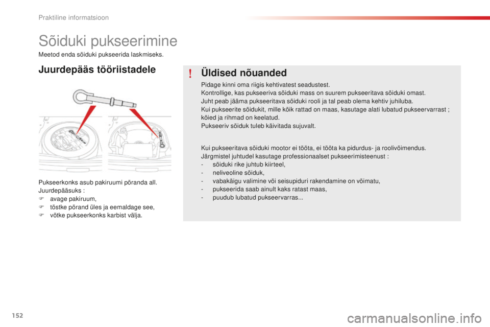 CITROEN C-ELYSÉE 2016  Kasutusjuhend (in Estonian) 152
sõiduki pukseerimine
Juurdepääs tööriistadele
Pukseerkonks asub pakiruumi põranda all.juurdepääsuks :
F
 
a
 vage pakiruum,
F
 
t
 õstke põrand üles ja eemaldage see,
F
 
v
 õtke pukse