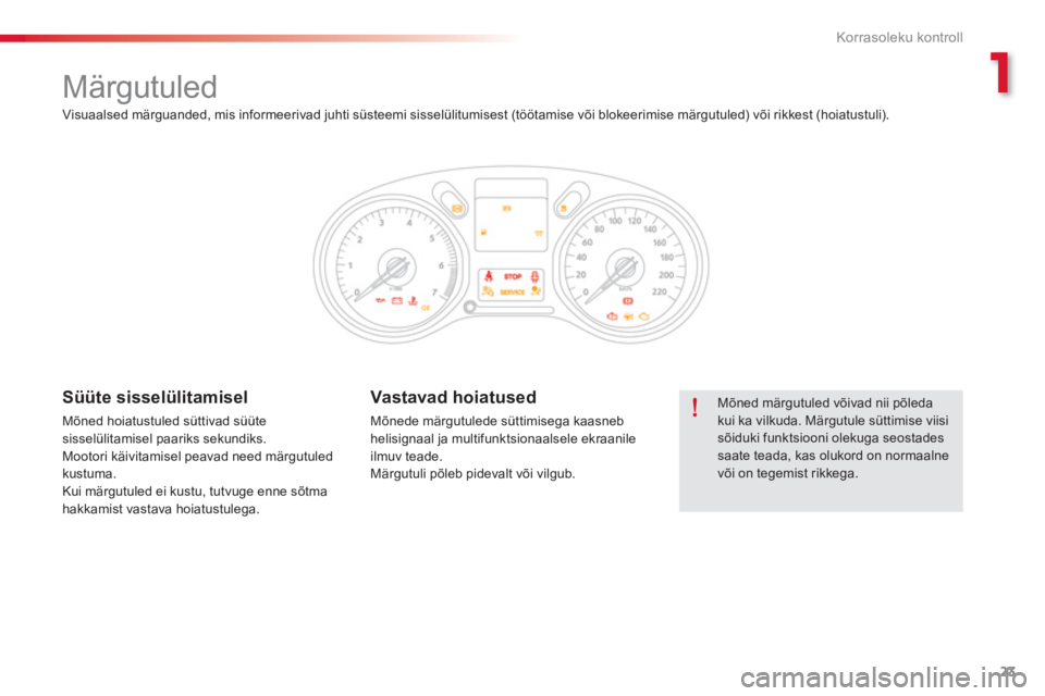 CITROEN C-ELYSÉE 2014  Kasutusjuhend (in Estonian) 1
23
Korrasoleku kontroll
   
 
 
 
 
 
 
 
Märgutuled 
 
Mõned märgutuled võivad nii põledakui ka vilkuda. Märgutule süttimise viisi sõiduki funktsiooni olekuga seostades saate teada, kas olu