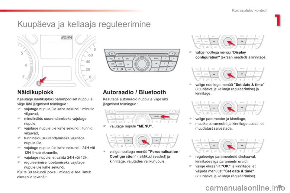 CITROEN C-ELYSÉE 2014  Kasutusjuhend (in Estonian) 1
35
Korrasoleku kontroll
   
 
 
 
 
 
 
 
 
 
 
 
 
 
 
 
Kuupäeva ja kellaaja reguleerimine 
 
 Näidikuplokk
 Kasutage näidikuploki parempoolset nuppu ja
viige läbi järgmised toimingud : �)vaj